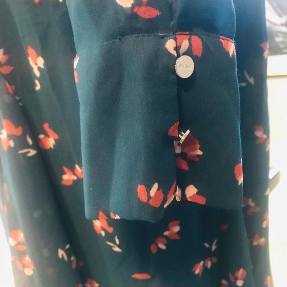 DKNY-DONNA KAREN Dress Handkerchief Hem High Neck Belted Green Floral Sz 16 - Picture 7 of 13